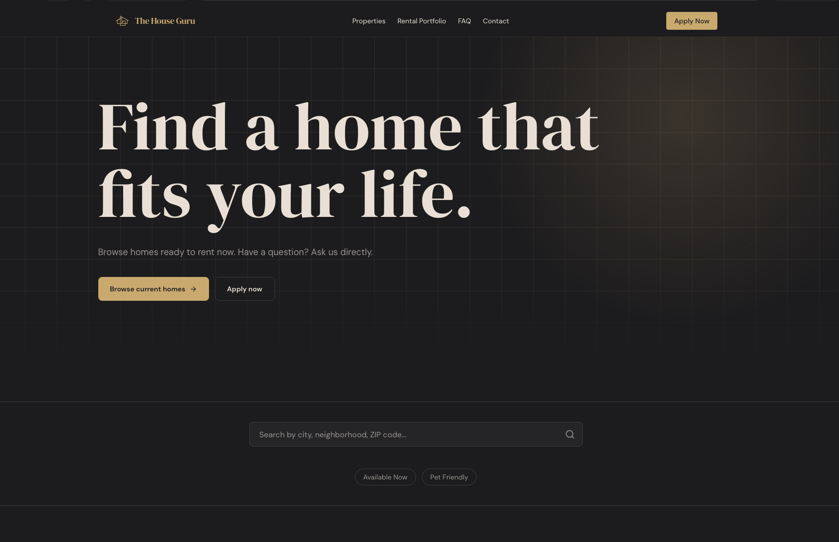 The House Guru homepage: rental property listings with search by area and an apply path